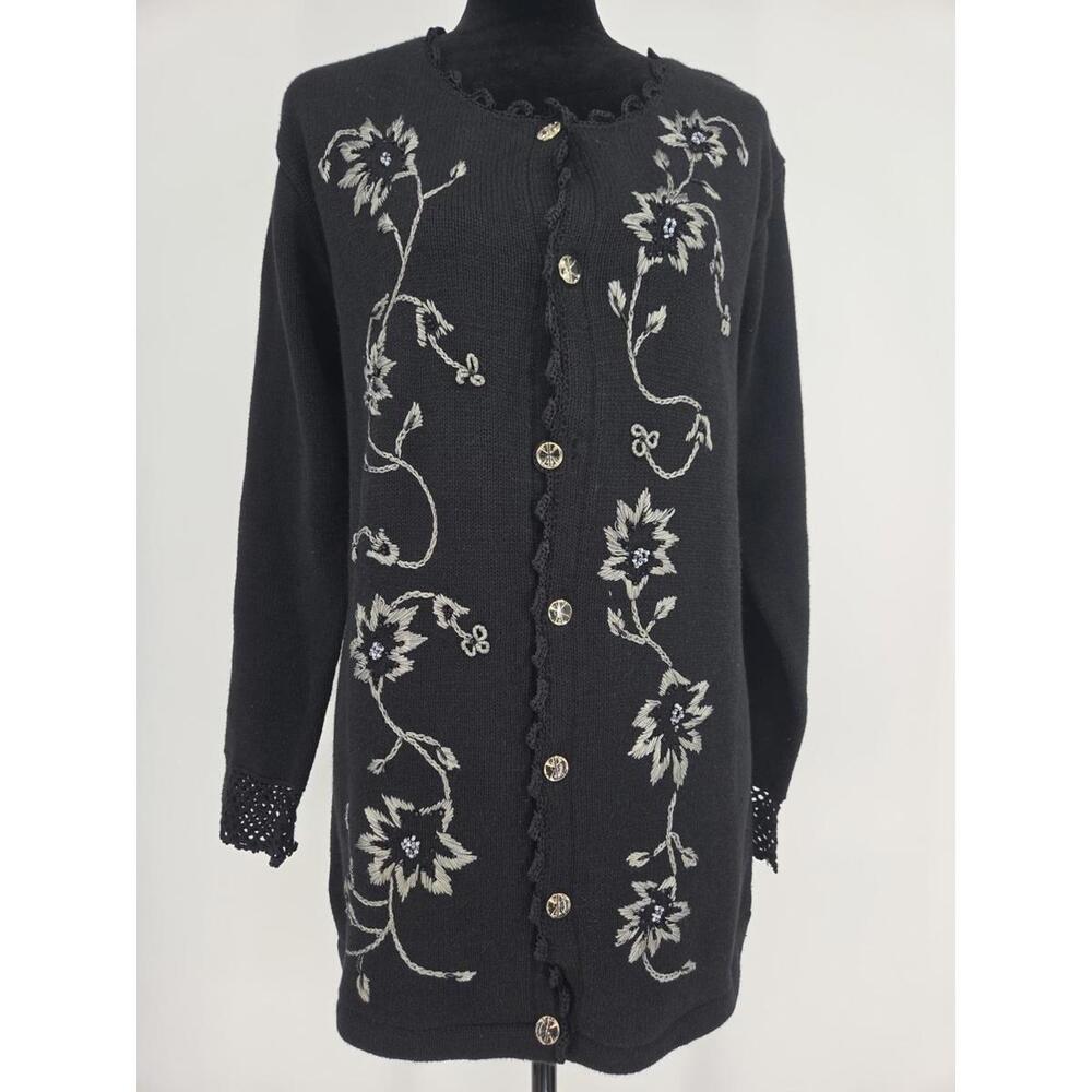 Vtg Storybook Knits Cardigan Small Black Embroidered Beaded Floral Whimsy